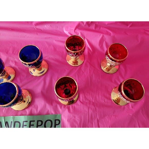 8 Piece Blue Red Gold Enamel Floral Embellished Brandy Snifters Cordial Glasses - Picture 4 of 12